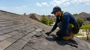 Professional roofing contractor inspecting a severely worn asphalt shingle roof on a suburban home.