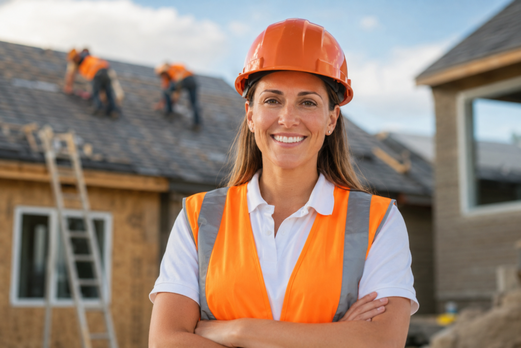 Woman roofing professional wearing an orange safety helmet and reflective vest standing at a residential construction site with roof workers in the background.