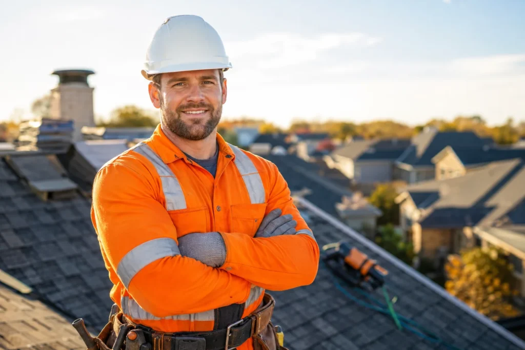 Experienced roofing professional wearing orange workwear and safety helmet on a residential roof with suburban homes in the background