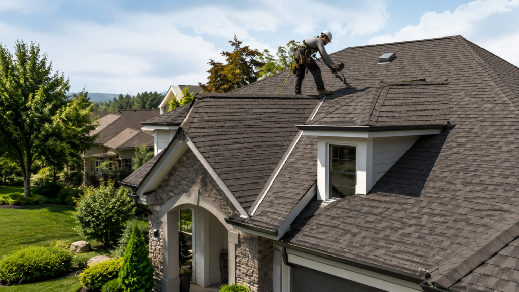 Professional residential roofing services in Katy Texas featuring expert roof installation on a modern suburban home with a skilled roofer inspecting a high-quality shingle roof.