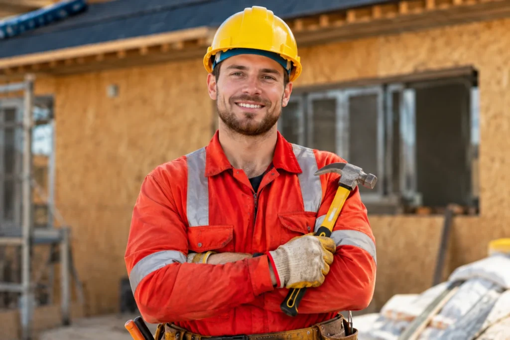 Construction worker wearing a yellow hard hat and red safety uniform holding a hammer at a residential building construction site.