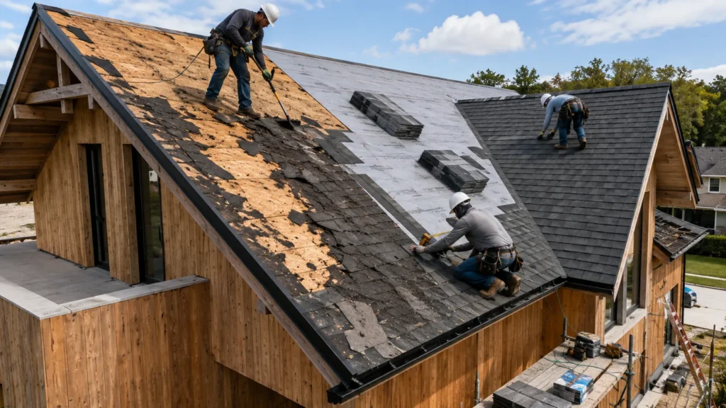 Three professional roofers replacing a residential roof with new architectural shingles, underlayment, and exposed roof decking during an active roofing project.