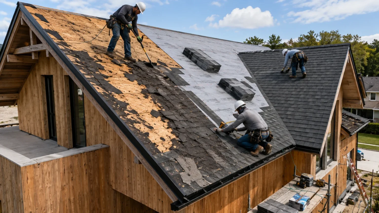 Three professional roofers replacing a residential roof with new architectural shingles, underlayment, and exposed roof decking during an active roofing project.