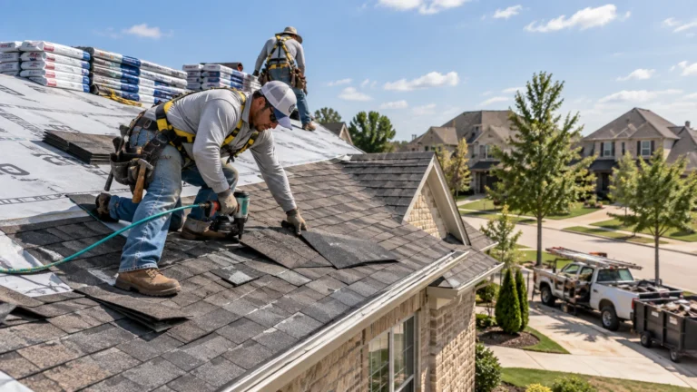 Professional roofing contractors installing asphalt shingles on a residential home.
