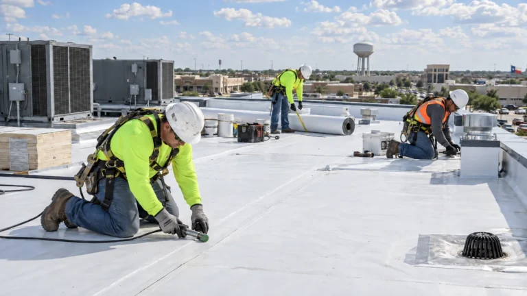 Commercial roofing contractors installing and inspecting TPO membrane roofing on a flat commercial roof in Katy, Texas, with HVAC units and safety equipment.