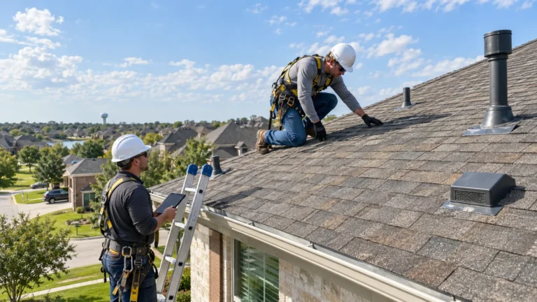 Professional roofing contractors inspecting an asphalt shingle roof on a suburban home in Katy, Texas, using safety gear and inspection tools.