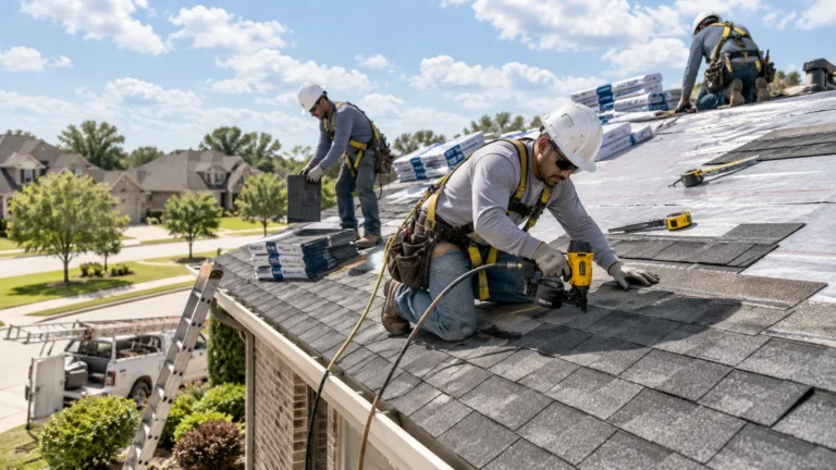 Professional roofing team repairing asphalt shingles on a residential roof in Katy, TX, using safety equipment and roofing tools.