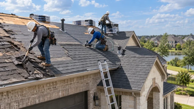 Professional roofers replacing asphalt shingles on a suburban home in Katy, Texas, with underlayment, roofing tools, ladders, and safety equipment visible.